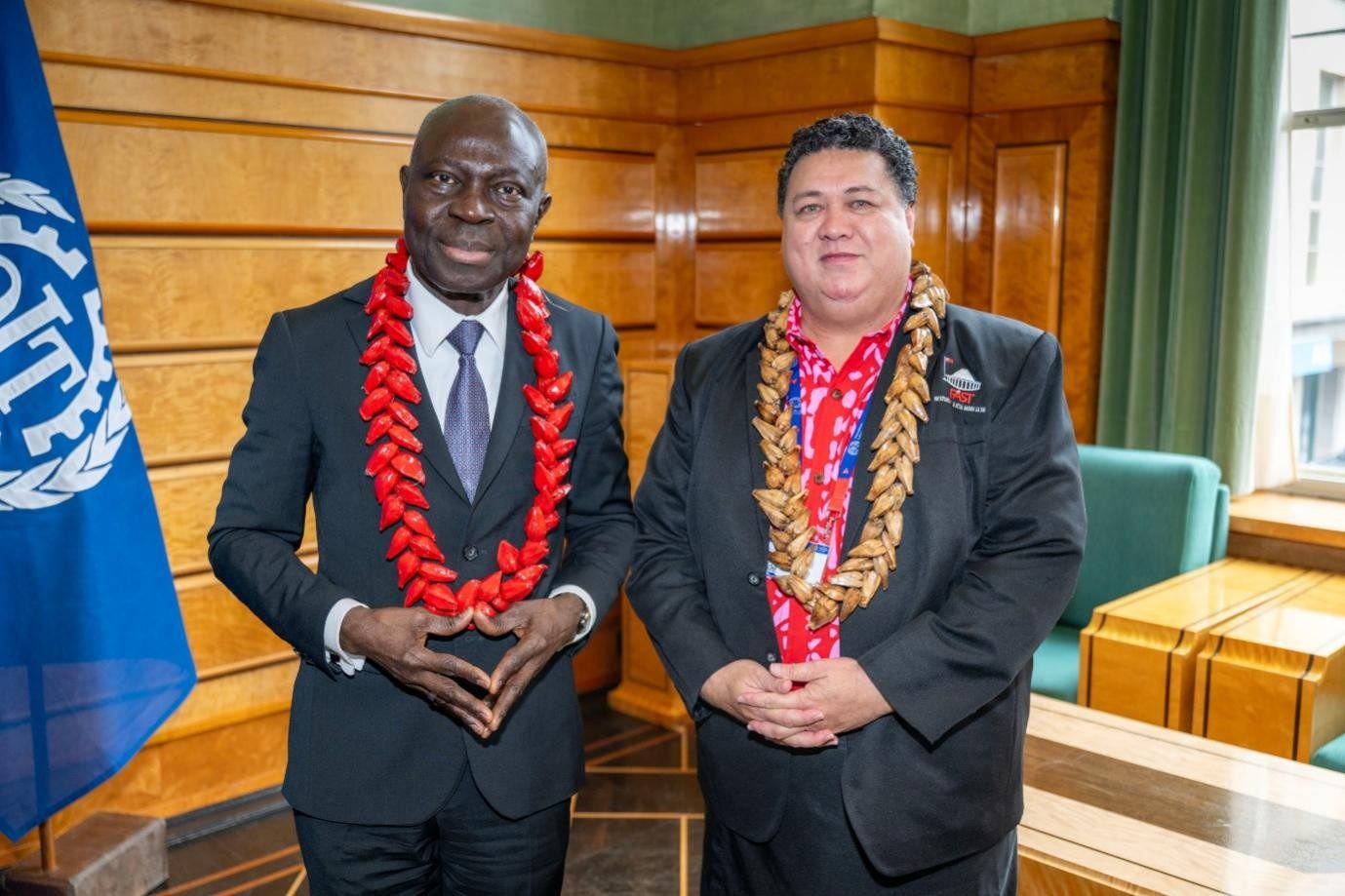 Minister Fata Ryan Schuster meets International Labour Organisation Director-General Mr Gilbert Houngbo in a bilateral meeting in Geneva.