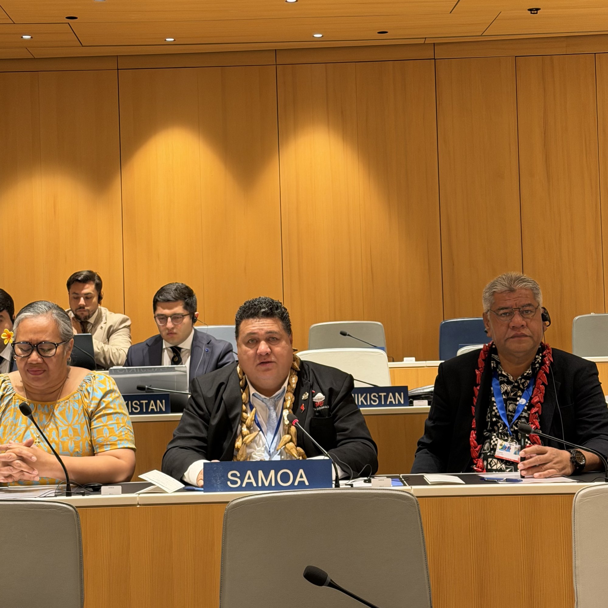 Samoa's Minister Fata Ryan Schuster speaks at the Samoa desk during the Pacific coordination briefing at the WIPO General Assemblies in Geneva.